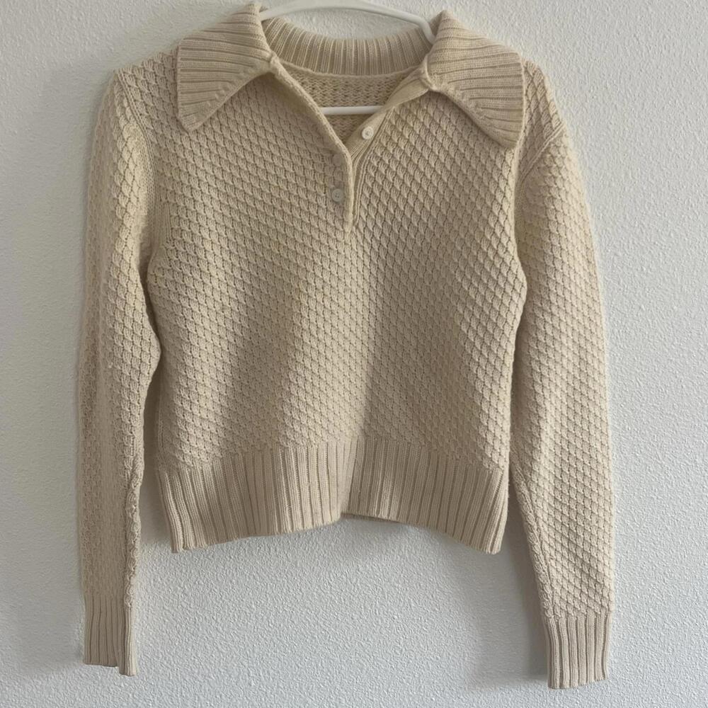 Frame Cashmere Wool Blend Polo Cozy Knit Sweater in Cream Ivory Size XS